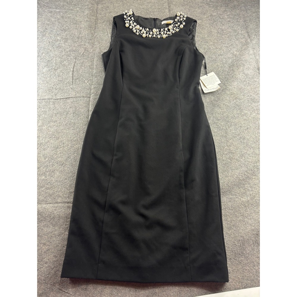 Calvin Klein Pearl Embellished Neckline Tank Sheath Dress Black Womens 4 SEE